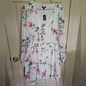 NWT Express White Floral Smocked Waist Ruffle Mini Dress XL